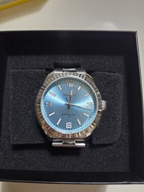 Invicta Men's Silver Watch with Blue Sunburst Dial